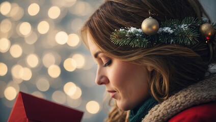 Woman cherishing christmas greeting card 