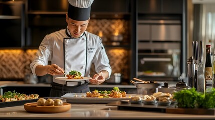 Professional Chef Plating Gourmet Dish in Modern Kitchen Interior