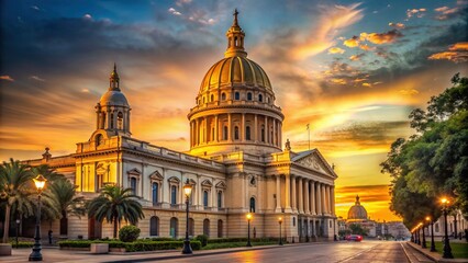 Fototapeta premium Historic Landmark with Neoclassical Facade and Majestic Dome in Soft Golden Light