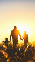 Silhouettes of a Family Walking in a Field at Sunset