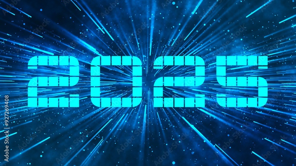 Aufkleber 2025 digits over various graphic elements on blue digital technology background - year change concep