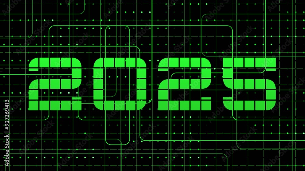 Poster 2025 digits over various graphic elements on green digital technology background - year change conce