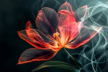 A striking red flower floats gracefully as wispy smoke surrounds it in a darkened backdrop