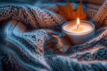 A candle burns beside a cozy sweater evoking a warm winter or autumn atmosphere