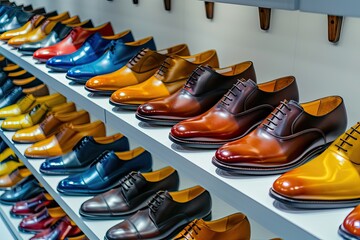 A variety of fashionable leather dress shoes for men on store shelves Business attire and accessories