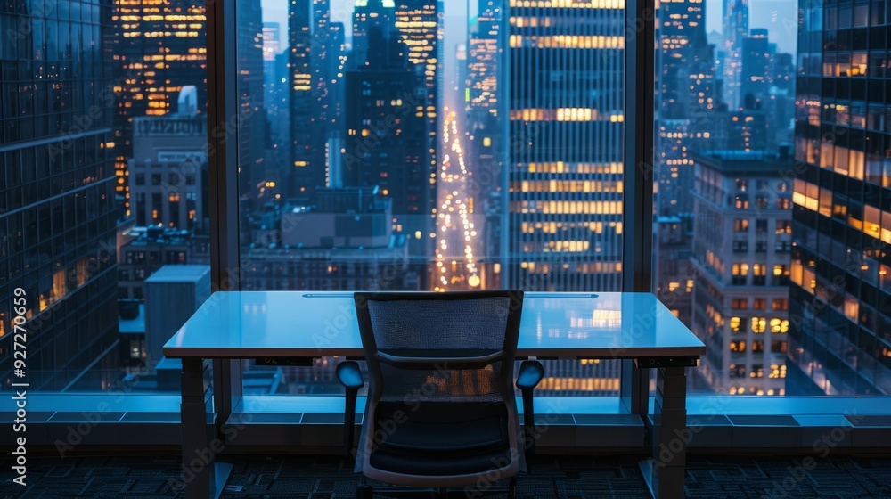 Poster desk with cityscape view. a modern desk with an adjustable height feature sits in front of a large w