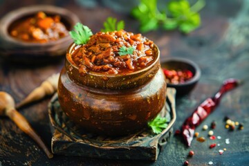 Andhra spicy avakaya mango pickle from South India in jar on rustic wooden background