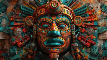 A vibrant Aztec mask carving showcases intricate designs and bright colors against a rugged stone backdrop