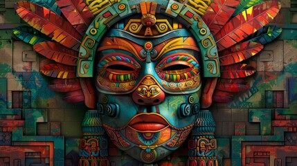 Fototapeta premium A detailed mask with bright colors and intricate designs captures ancient cultural artistry and creativity