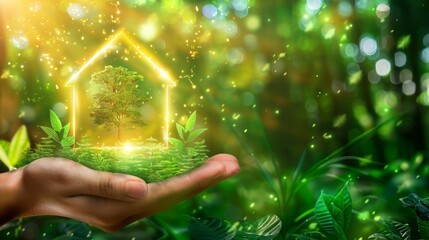 Green home concept with hand and tree. A hand holds a small green plant with a glowing home symbol, representing sustainable living and environmental care.