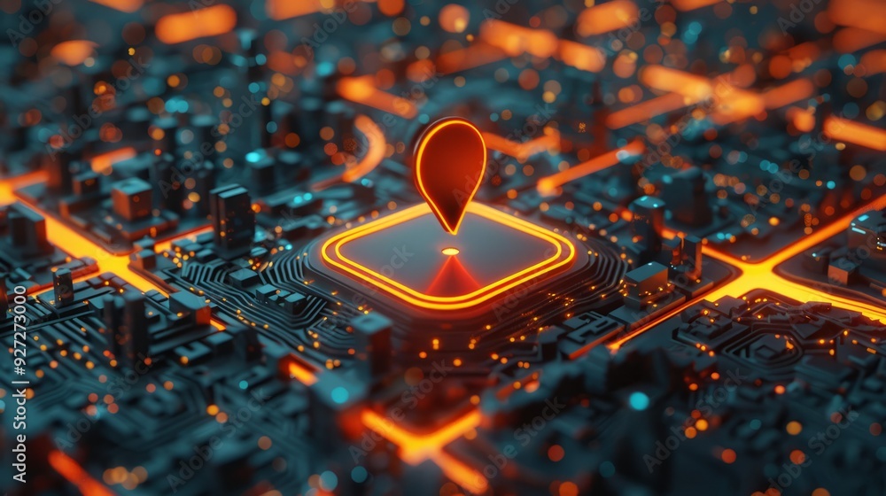 Aufkleber location pin in glowing circuit board cityscape. abstract 3d rendering of a glowing location marker 