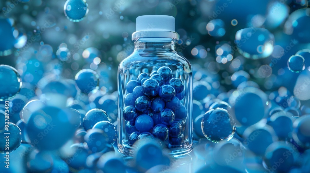 Poster blue spheres in glass bottle. a glass container filled with blue spheres, surrounded by a field of s