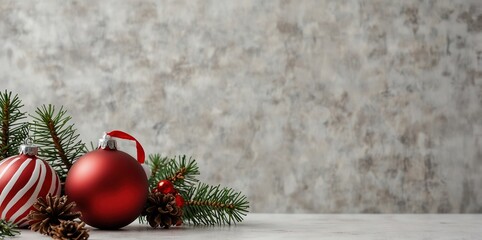 White table with Christmas decorations and space in the middle for text. Christmas composition with gifts, fir branches, lollipop, Santa hat and pinecones