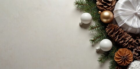 White table with Christmas decorations and space in the middle for text. Christmas composition with gifts, fir branches, lollipop, Santa hat and pinecones