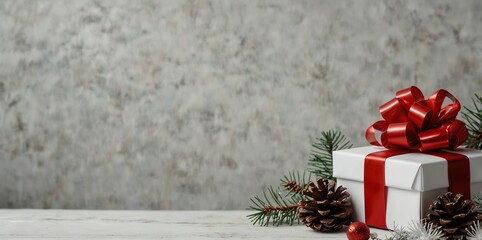 White table with Christmas decorations and space in the middle for text. Christmas composition with gifts, fir branches, lollipop, Santa hat and pinecones