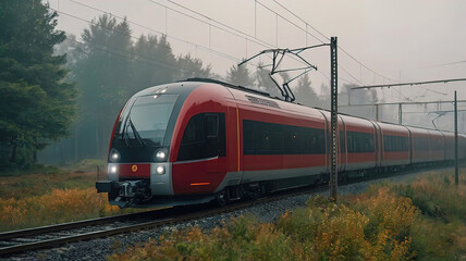 Fototapeta premium open environment of beautiful nature with modern electric train, atmosphere of the day, railway, train travels on railway