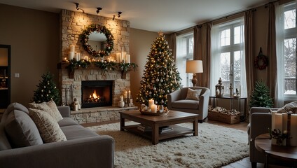 Wide-shot photo of a cozy family room with Christmas decoration. Interior design