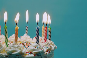 Candle shaped like a 7 on birthday cake with blue background