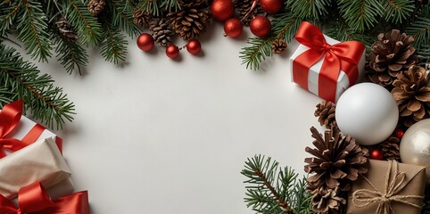 White table with Christmas decorations and space in the middle for text. Christmas composition with gifts, fir branches, lollipop, Santa hat and pinecones