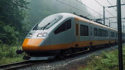 Fototapeta premium open environment of beautiful nature with modern electric train, atmosphere of the day, railway, train travels on railway