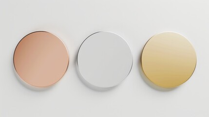Gold, silver, and copper circles on white background. Three circular metallic shapes in gold, silver, and copper tones, arranged horizontally on a pure white surface.