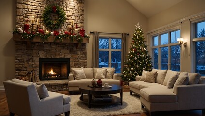 Wide-shot photo of a cozy family room with Christmas decoration. Interior design