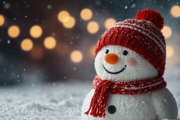 Winter holiday christmas background banner - Closeup of cute funny laughing snowman with wool hat and scarf, on snowy snow snowscape with bokeh lights 