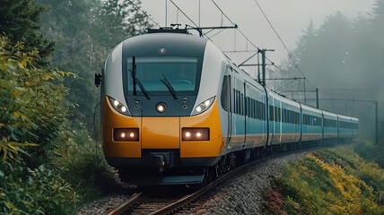 Fototapeta premium open environment of beautiful nature with modern electric train, atmosphere of the day, railway, train travels on railway