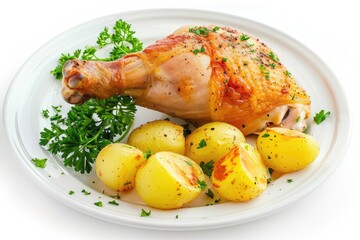 Chicken leg and boiled potatoes on white background
