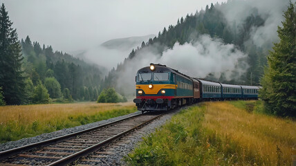 Obraz premium open environment of beautiful nature with modern electric train, atmosphere of the day, railway, train travels on railway