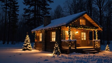 Tiny and Cozy house Cabin Exterior with Christmas lights. Ideal picture that brings up holiday spirit