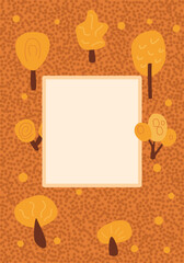 Autumn forest background with frame for text. Template for banners of fall tress with red leaves. Vector hand drawn flat illustration.