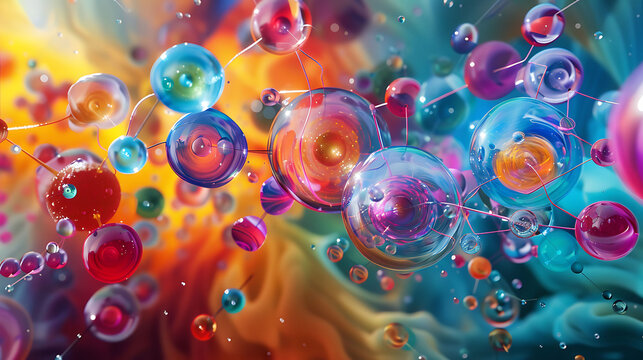 Colorful depiction of quarks and gluons forming complex atomic structures