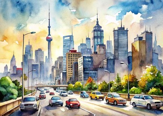 Ink-Washed Urban Skyline: Watercolor with pen and ink depicts metropolitan landscapes, showcasing cars as integral elements of city life.