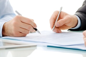 Close-Up of Hands Holding Pen and Pointing at Documents on Desk During Business Meeting, Signing Contract with Lawyer for Project