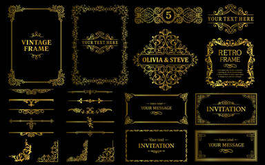 Design gold elements set, decorative flourish border corner and frame collection for invitation, menu and page decoration