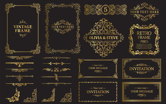 Design gold elements set, decorative flourish border corner and frame collection for invitation, menu and page decoration