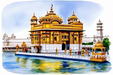 Watercolor Depiction of the Golden Temple: A Spiritual Landmark in India's Architectural Heritage