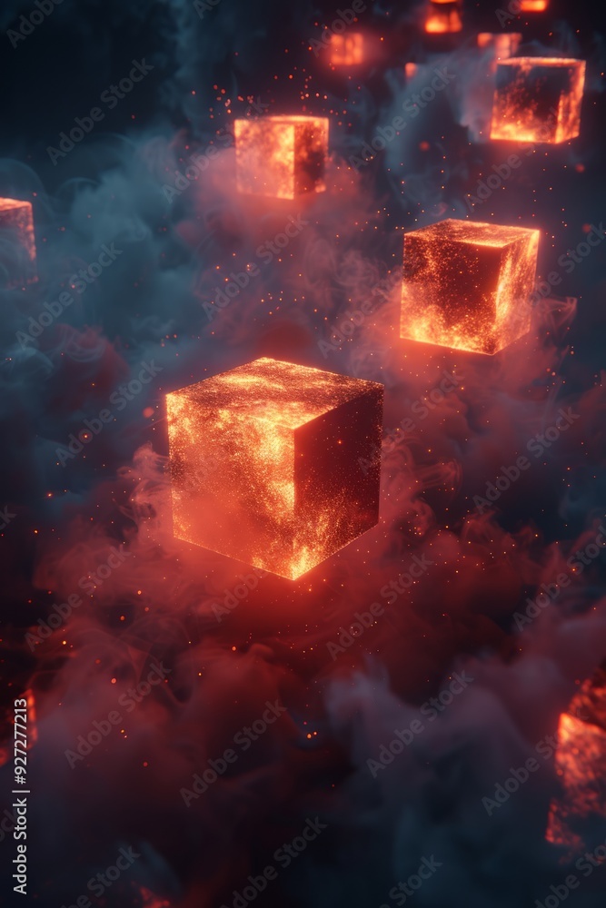 Poster lava cubes hover in a smoky atmosphere, illuminating the surrounding darkness with vibrant orange li