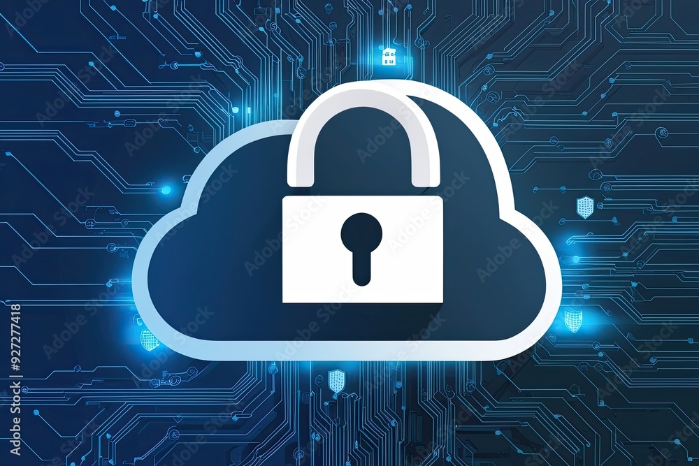 Poster distinct representation of cloud information security with unique lock icon symbolizing data safety 