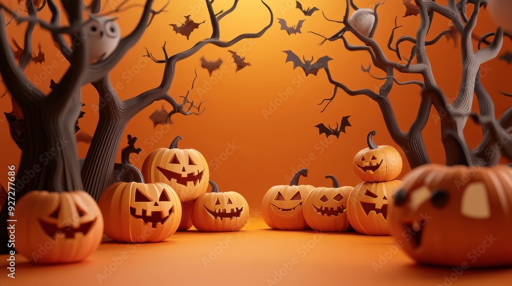 Poster 3d illustration of halloween theme banner with group of jack o lantern pumpkin and paper graphic sty