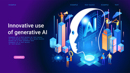 Obraz premium Artificial intelligence tool for data analysis. AI technology for charts and marketing strategy. Training for AI engineers. Using AI. Security and Innovative AI. Isometric design