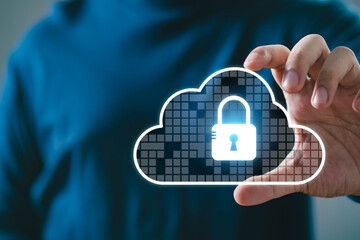 Hand holding digital cloud icon with lock representing data security and encryption in cloud...
