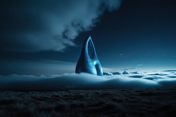 Fototapeta premium Eerie Cloudy Surface with Glimmering Indigo Organic Form in a Night-Time Landscape