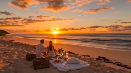 Romantic Sunset Beach Picnic with Couple Enjoying Intimate Moment
