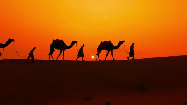 Cameleers, camel Drivers at sunset. Thar desert on sunset Jaisalmer, Rajasthan, India.