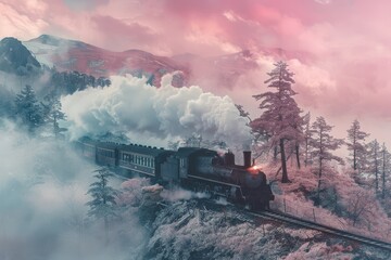 Steam train traveling through mountains with vibrant pink flowers in bloom.