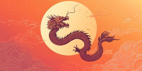 Fototapeta premium A majestic dragon soaring against a vibrant orange sky with a large, glowing sun in the background.