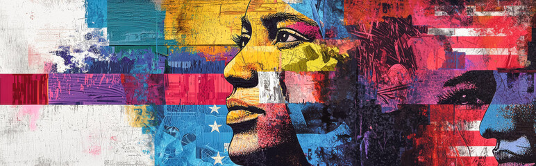 Multicultural Faces of America. A vivid and abstract image portraying a diverse range of profiles and colors, symbolizing the collective voices that shape American democracy.
