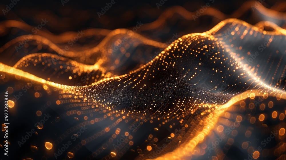 Poster particles flow elegantly in wave-like patterns, illuminated in vibrant orange tones against a dark b